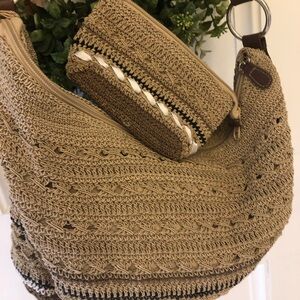 Woven Medium Neutral Boho Bag & Zipper Coin Purse. Silver Accents. Twine Thread